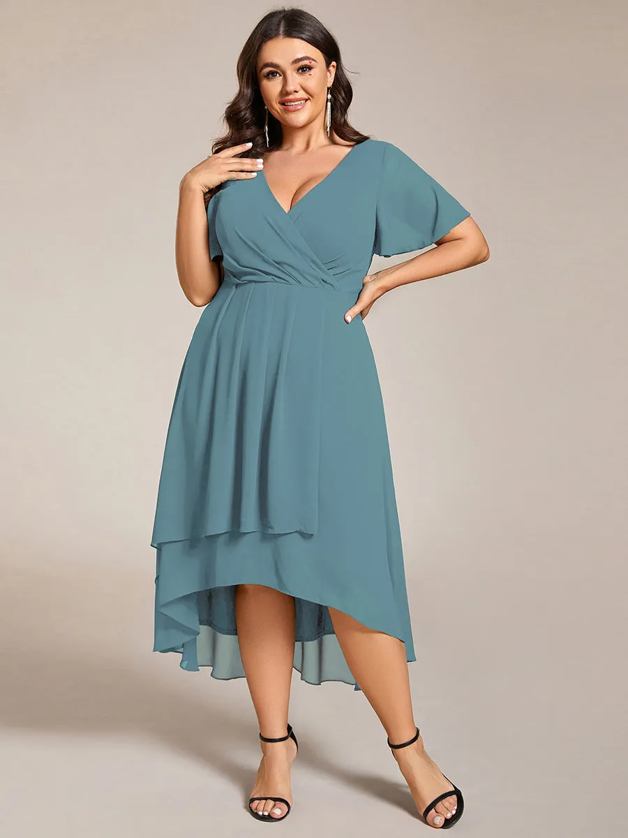 Grande Taille Robe Dinvit De Mariage Mi-Longue Plisse En Mousseline De Soie Manches Courtes Et Col En V De