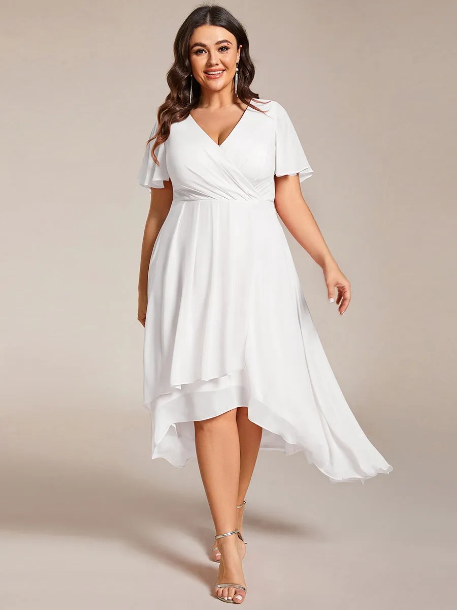 Grande Taille Robe Dinvit De Mariage Mi-Longue Plisse En Mousseline De Soie Manches Courtes Et Col En V De