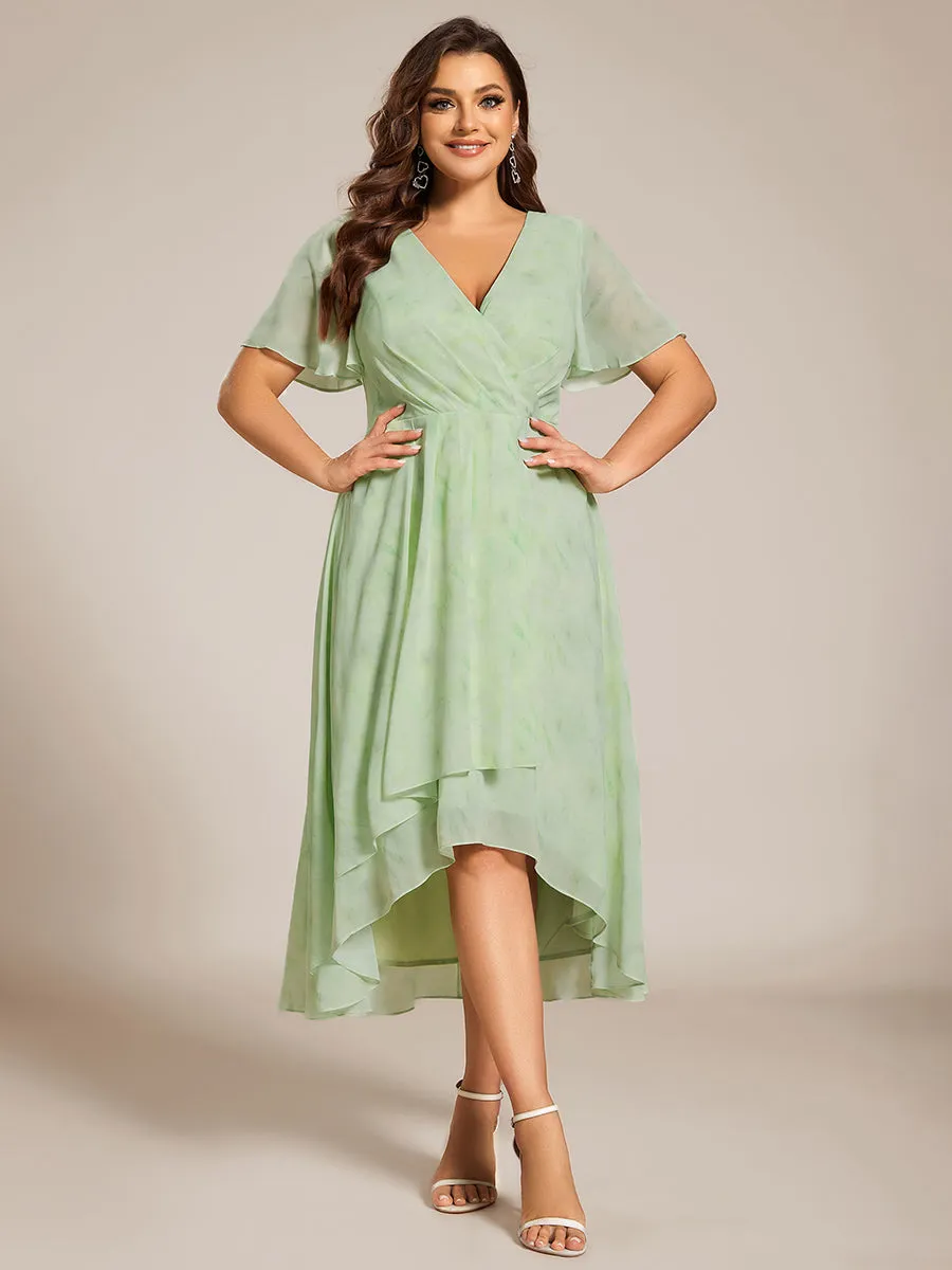 Grande Taille Robe Dinvit De Mariage Mi-Longue Plisse En Mousseline De Soie Manches Courtes Et Col En V De