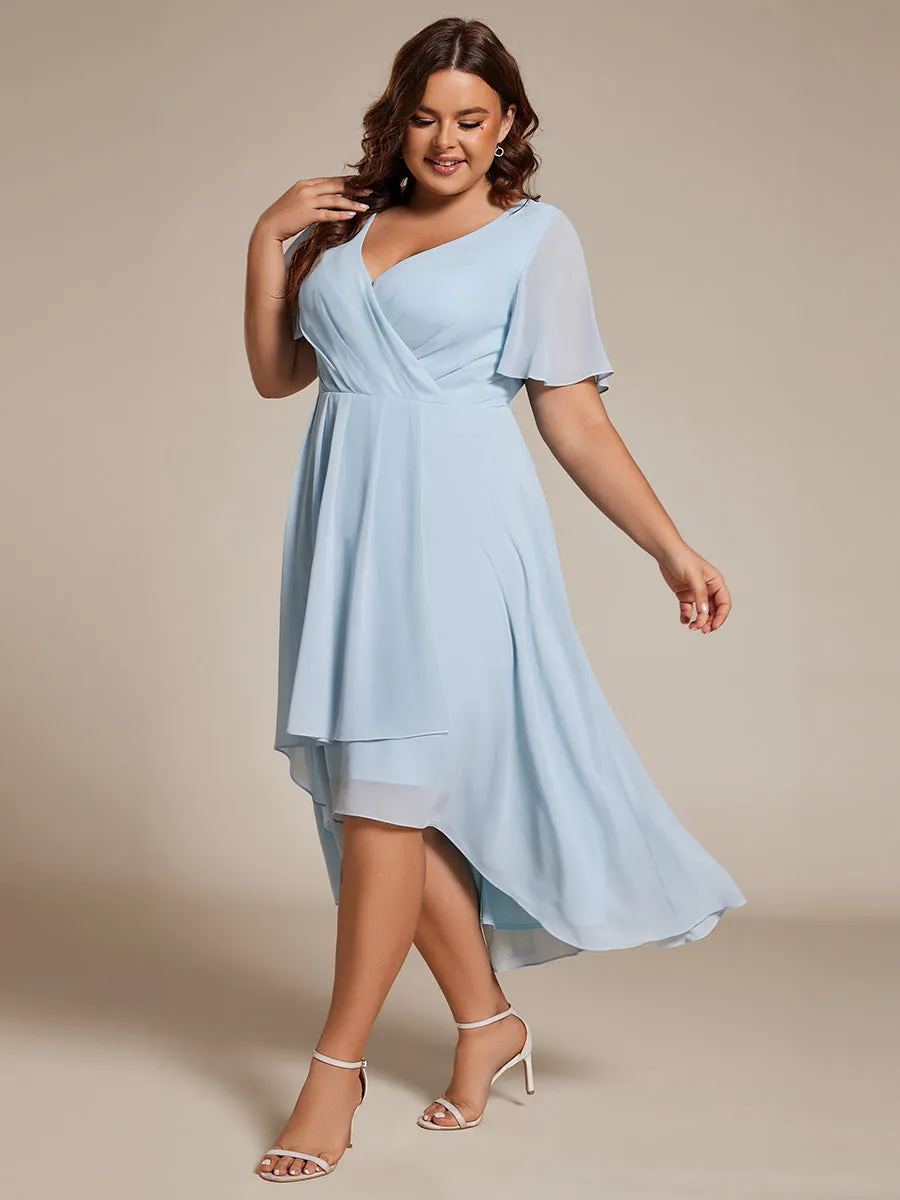 Grande Taille Robe Dinvit De Mariage Mi-Longue Plisse En Mousseline De Soie Manches Courtes Et Col En V De