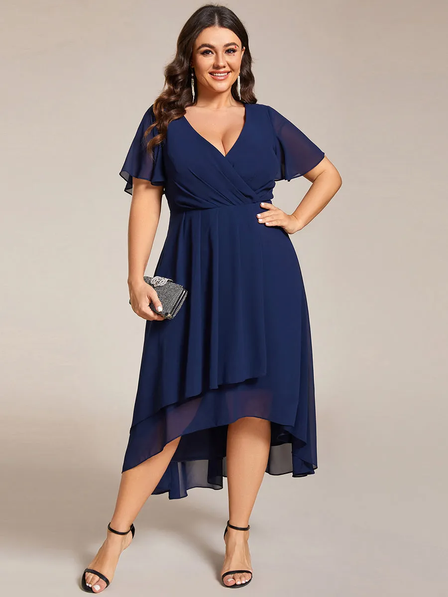 Grande Taille Robe Dinvit De Mariage Mi-Longue Plisse En Mousseline De Soie Manches Courtes Et Col En V De