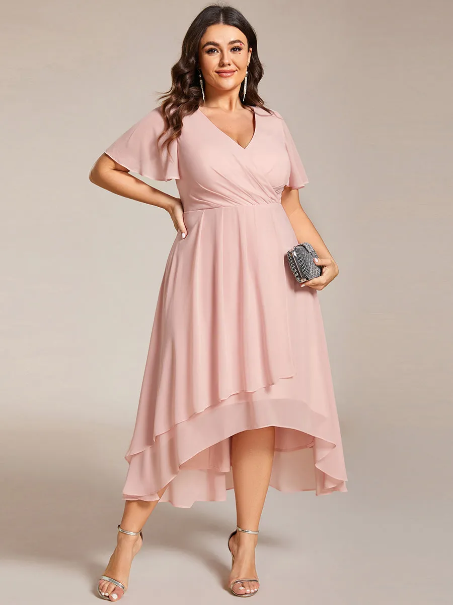 Grande Taille Robe Dinvit De Mariage Mi-Longue Plisse En Mousseline De Soie Manches Courtes Et Col En V De