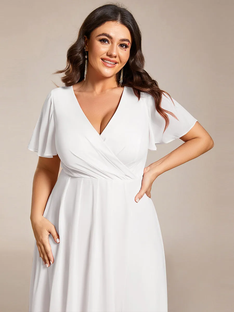 Grande Taille Robe Dinvit De Mariage Mi-Longue Plisse En Mousseline De Soie Manches Courtes Et Col En V De