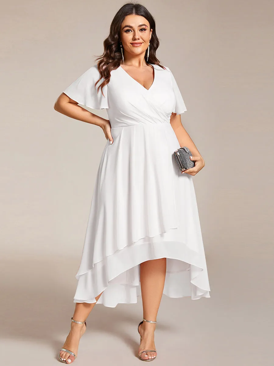 Grande Taille Robe Dinvit De Mariage Mi-Longue Plisse En Mousseline De Soie Manches Courtes Et Col En V De