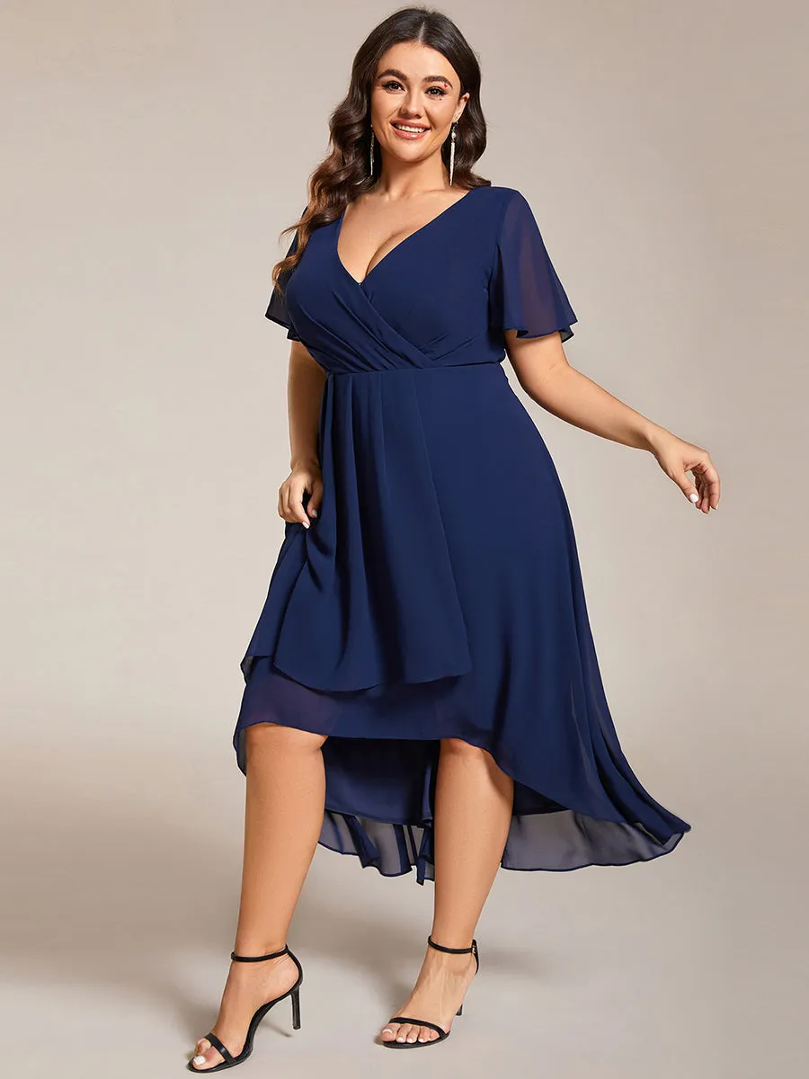 Grande Taille Robe Dinvit De Mariage Mi-Longue Plisse En Mousseline De Soie Manches Courtes Et Col En V De