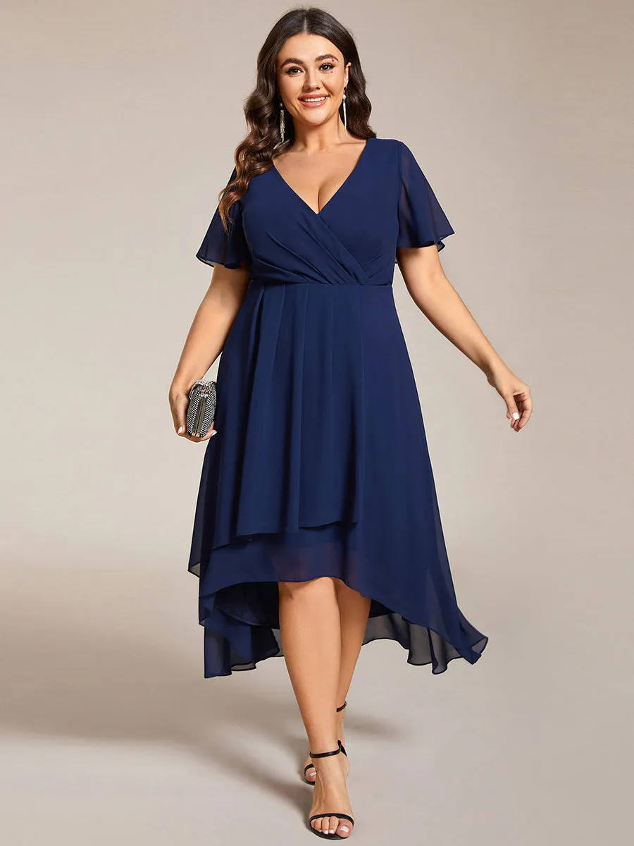 Grande Taille Robe Dinvit De Mariage Mi-Longue Plisse En Mousseline De Soie Manches Courtes Et Col En V De