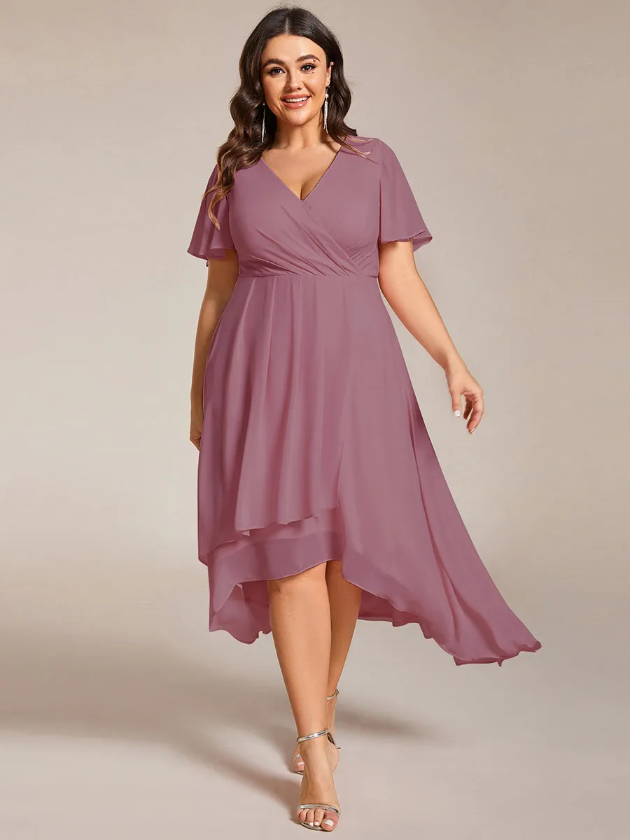 Grande Taille Robe Dinvit De Mariage Mi-Longue Plisse En Mousseline De Soie Manches Courtes Et Col En V De