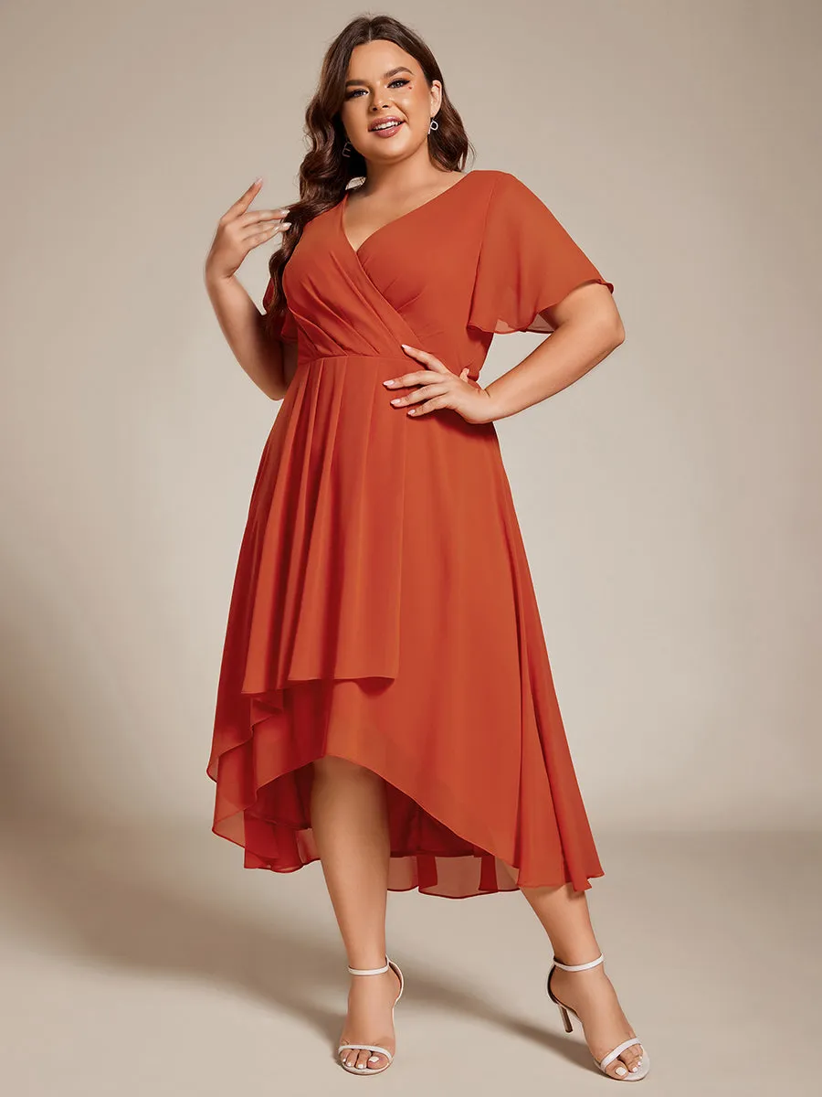 Grande Taille Robe Dinvit De Mariage Mi-Longue Plisse En Mousseline De Soie Manches Courtes Et Col En V De