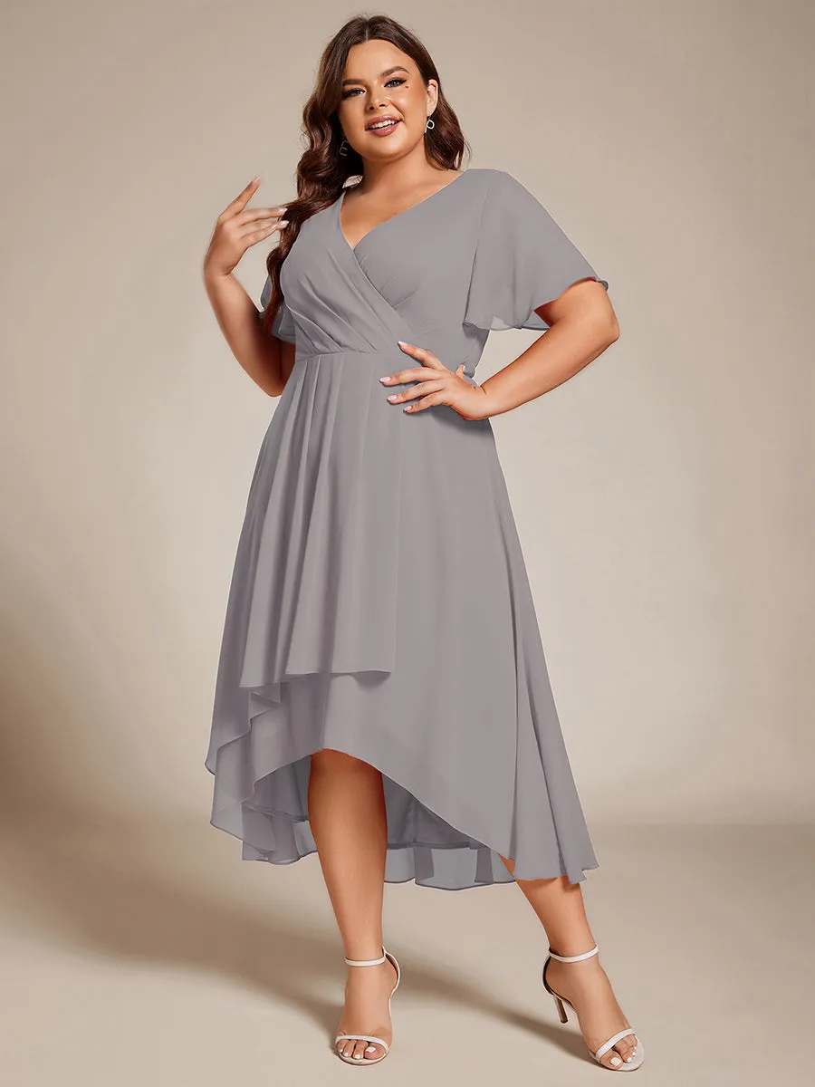 Grande Taille Robe Dinvit De Mariage Mi-Longue Plisse En Mousseline De Soie Manches Courtes Et Col En V De