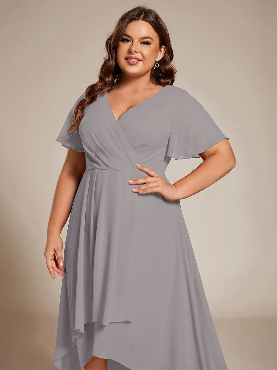 Grande Taille Robe Dinvit De Mariage Mi-Longue Plisse En Mousseline De Soie Manches Courtes Et Col En V De