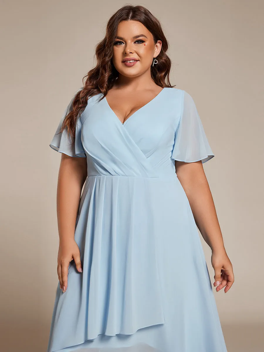 Grande Taille Robe Dinvit De Mariage Mi-Longue Plisse En Mousseline De Soie Manches Courtes Et Col En V De