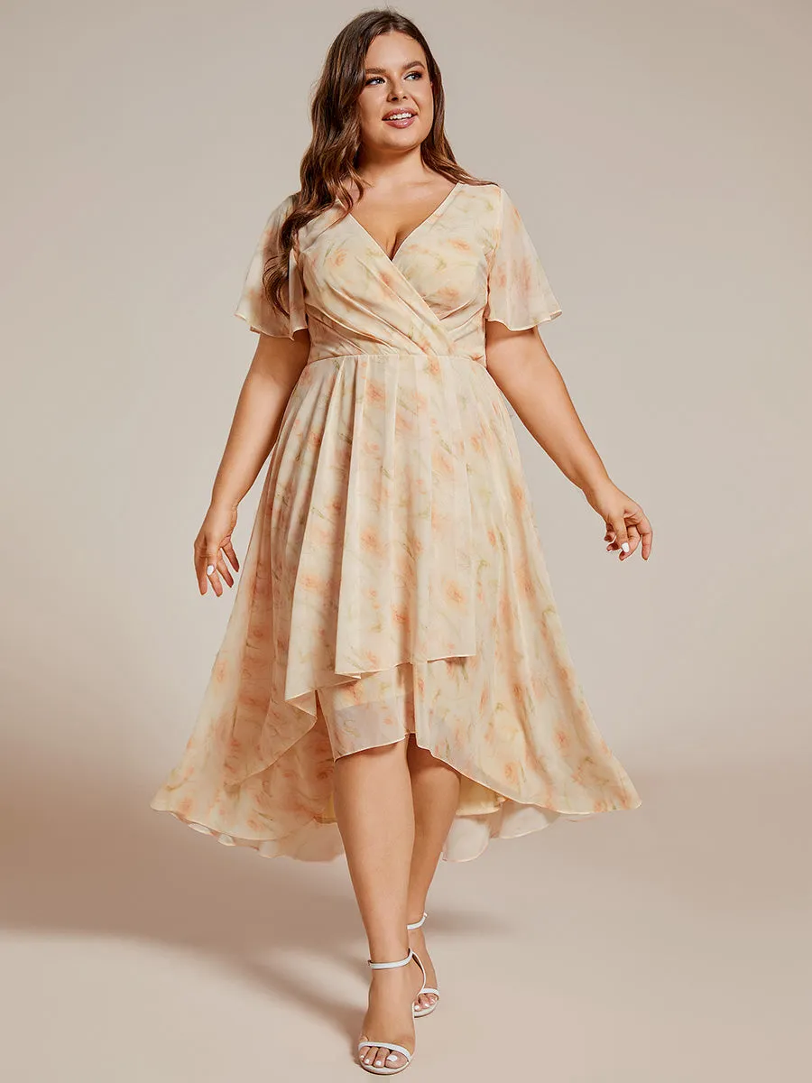 Grande Taille Robe Dinvit De Mariage Mi-Longue Plisse En Mousseline De Soie Manches Courtes Et Col En V De