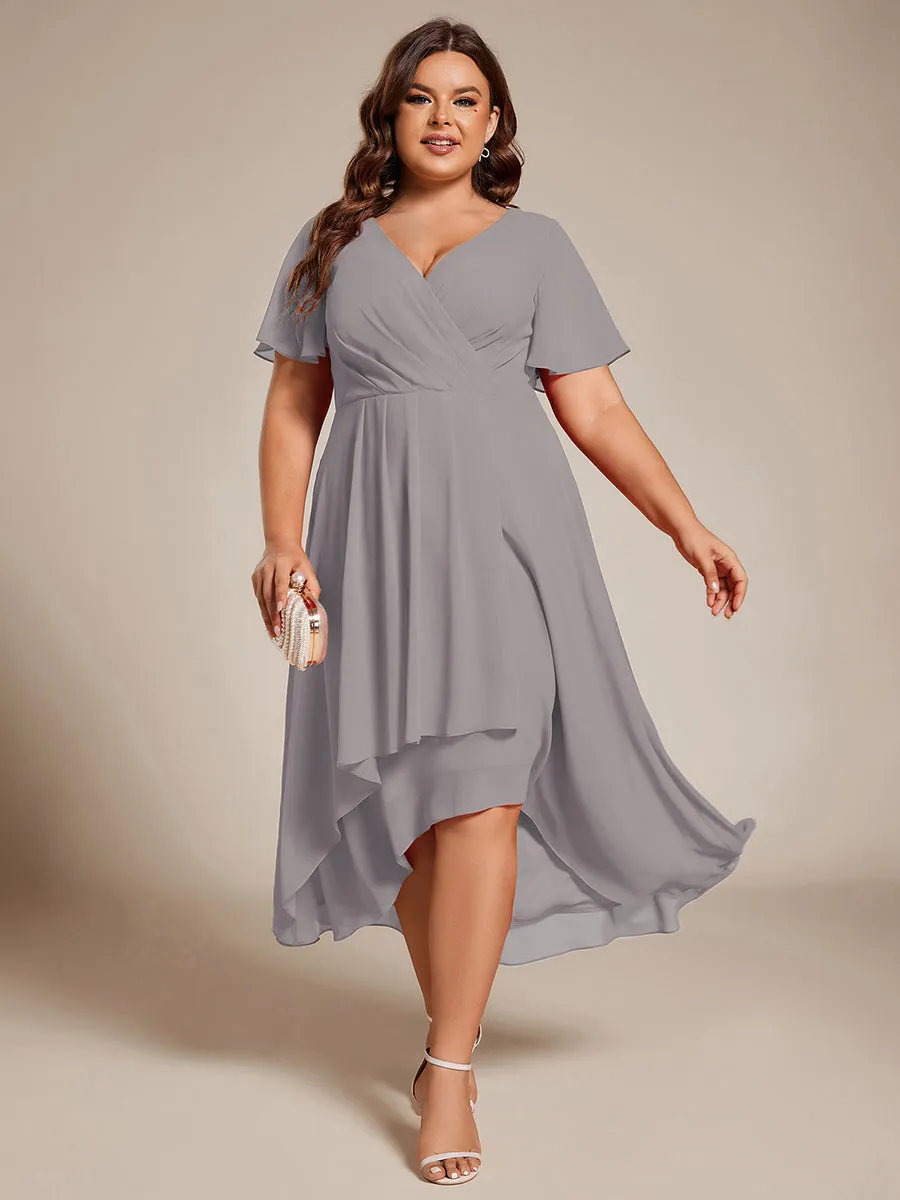 Grande Taille Robe Dinvit De Mariage Mi-Longue Plisse En Mousseline De Soie Manches Courtes Et Col En V De