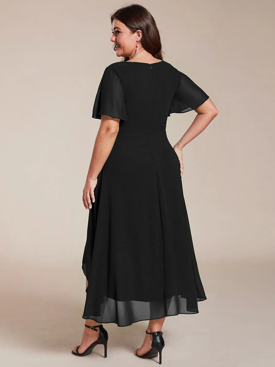 Grande Taille Robe Dinvit De Mariage Mi-Longue Plisse En Mousseline De Soie Manches Courtes Et Col En V De