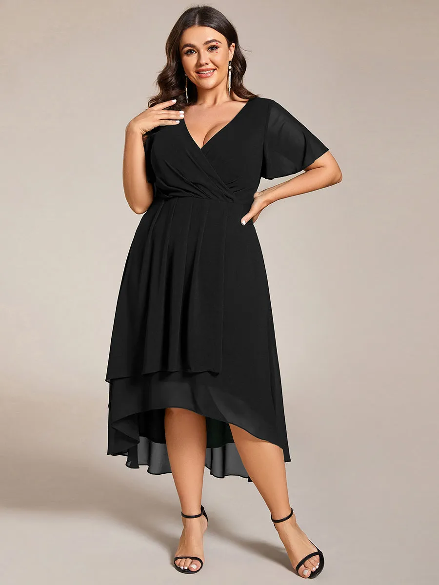 Grande Taille Robe Dinvit De Mariage Mi-Longue Plisse En Mousseline De Soie Manches Courtes Et Col En V De