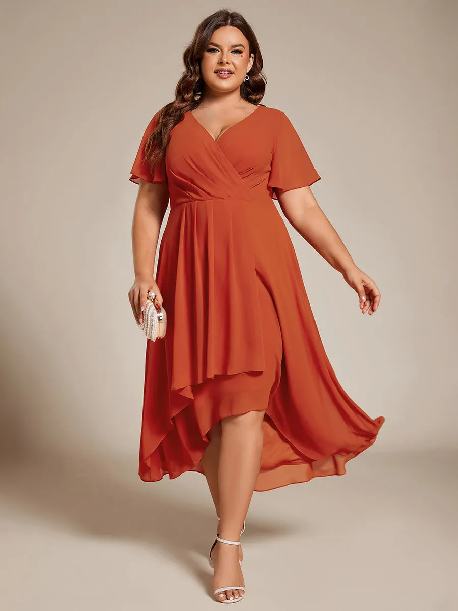 Grande Taille Robe Dinvit De Mariage Mi-Longue Plisse En Mousseline De Soie Manches Courtes Et Col En V De