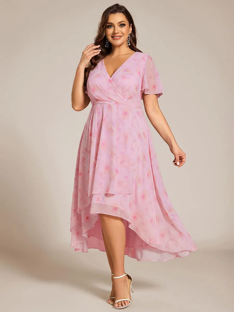 Grande Taille Robe Dinvit De Mariage Mi-Longue Plisse En Mousseline De Soie Manches Courtes Et Col En V De