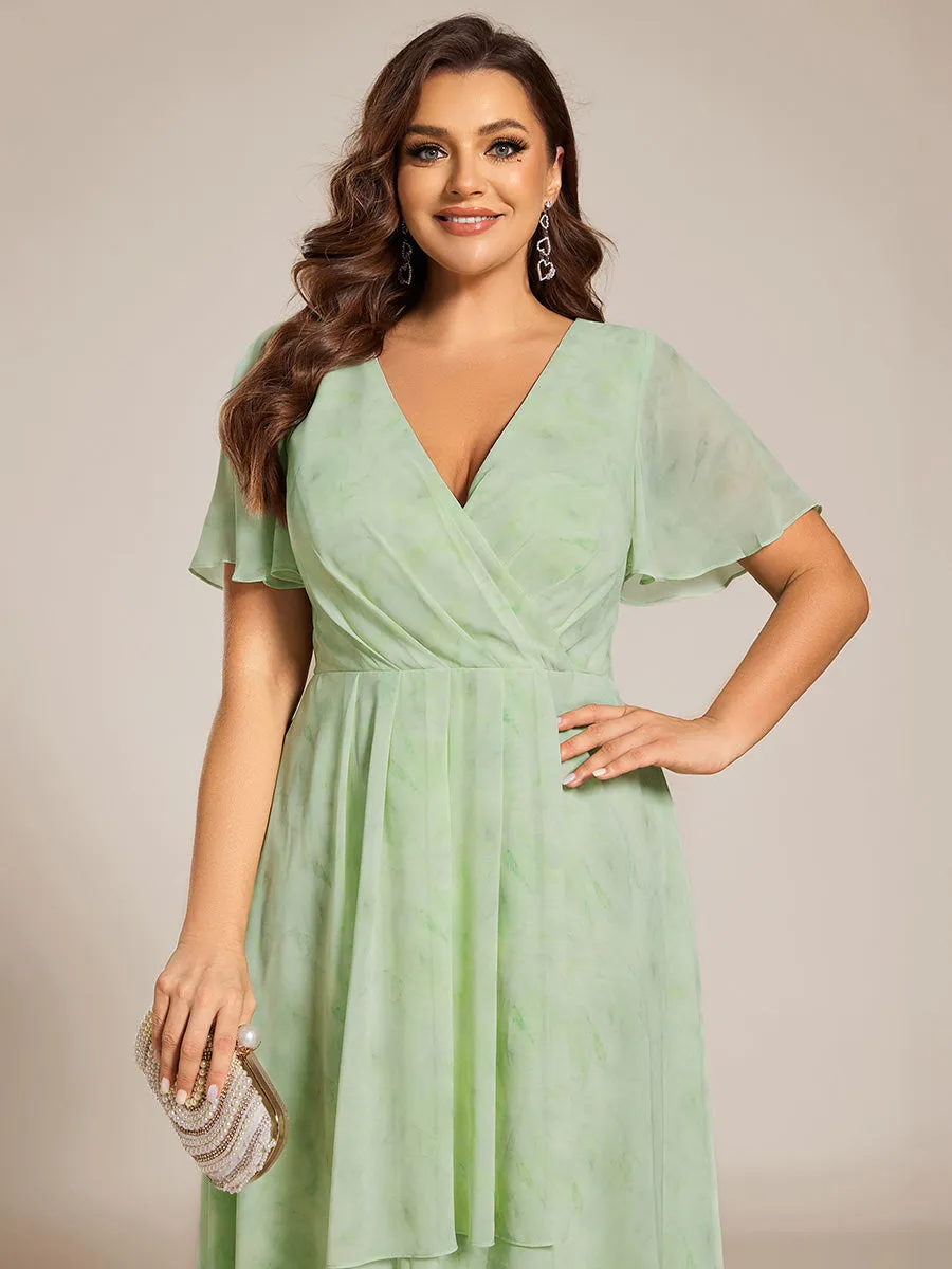 Grande Taille Robe Dinvit De Mariage Mi-Longue Plisse En Mousseline De Soie Manches Courtes Et Col En V De