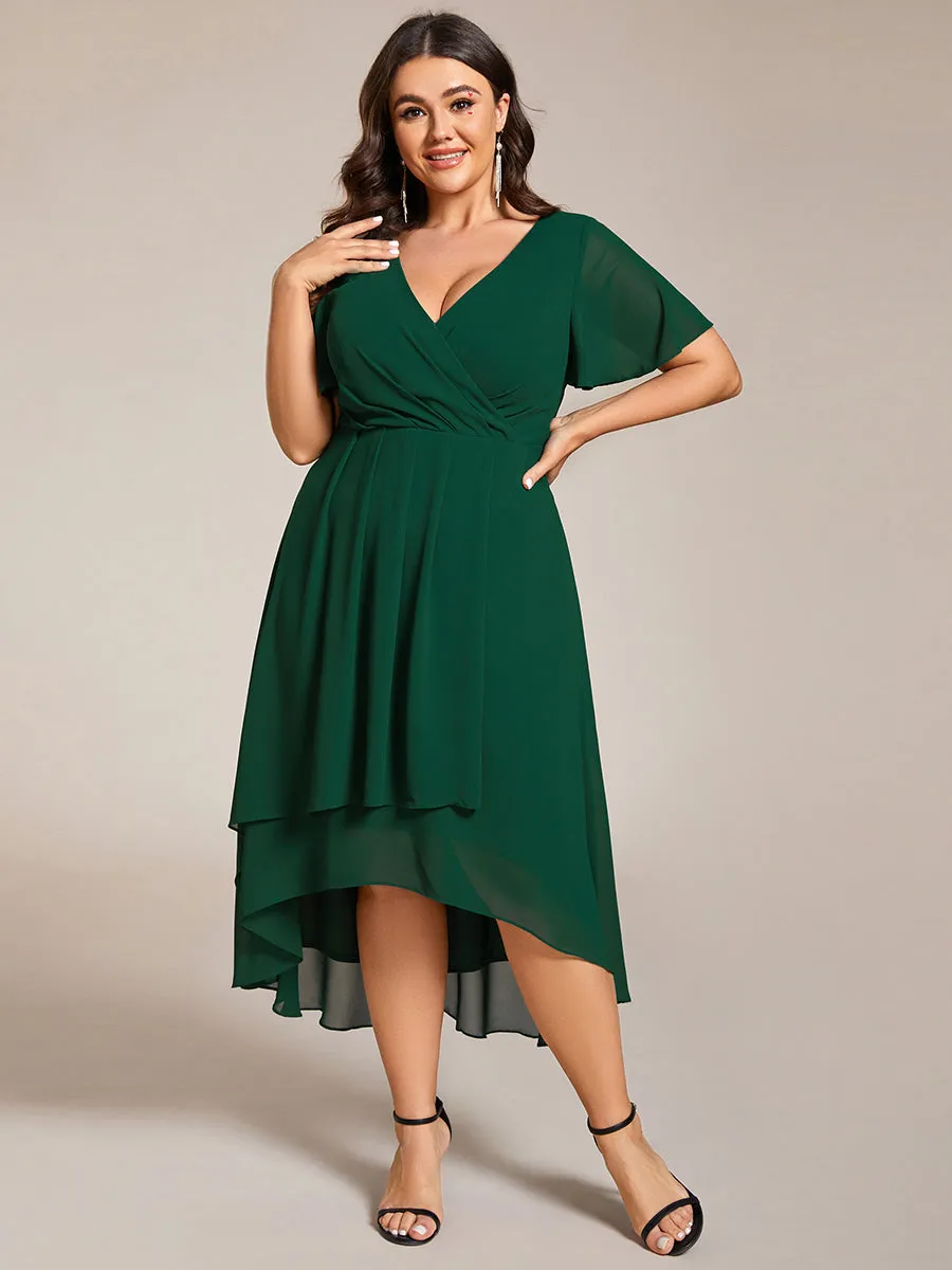 Grande Taille Robe Dinvit De Mariage Mi-Longue Plisse En Mousseline De Soie Manches Courtes Et Col En V De