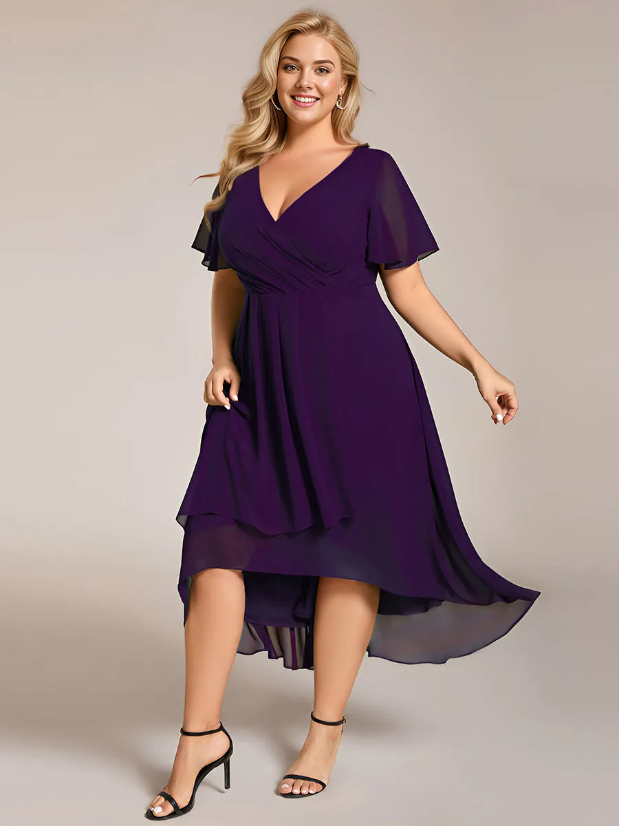 Grande Taille Robe Dinvit De Mariage Mi-Longue Plisse En Mousseline De Soie Manches Courtes Et Col En V De