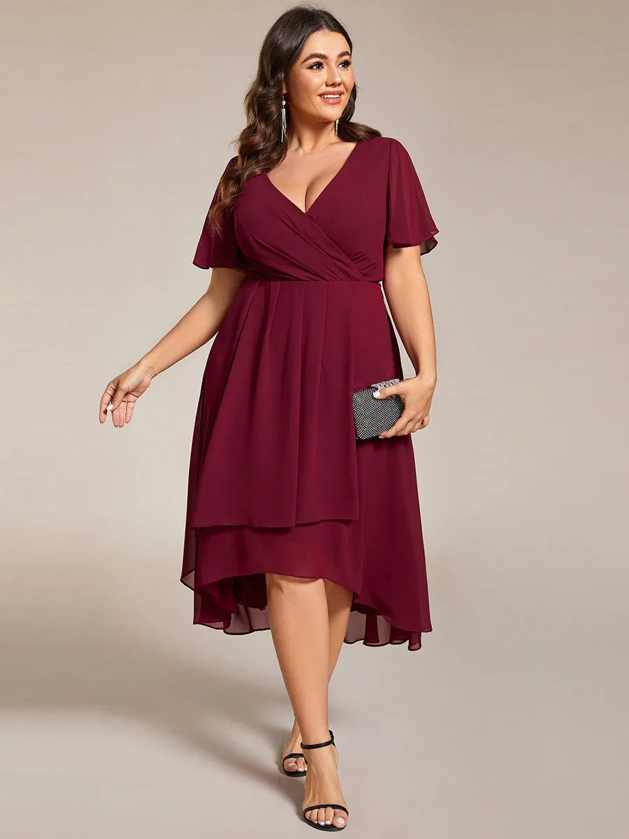 Grande Taille Robe Dinvit De Mariage Mi-Longue Plisse En Mousseline De Soie Manches Courtes Et Col En V De