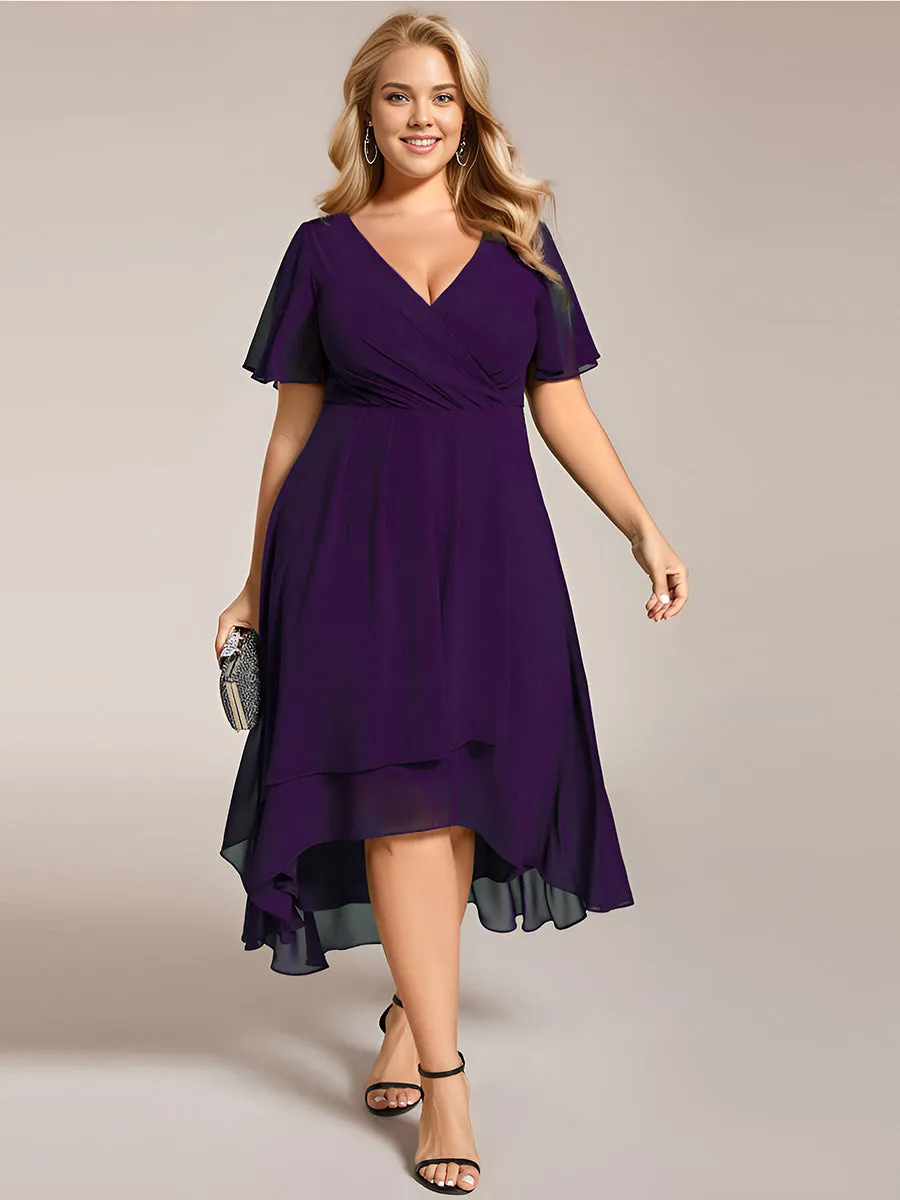 Grande Taille Robe Dinvit De Mariage Mi-Longue Plisse En Mousseline De Soie Manches Courtes Et Col En V De