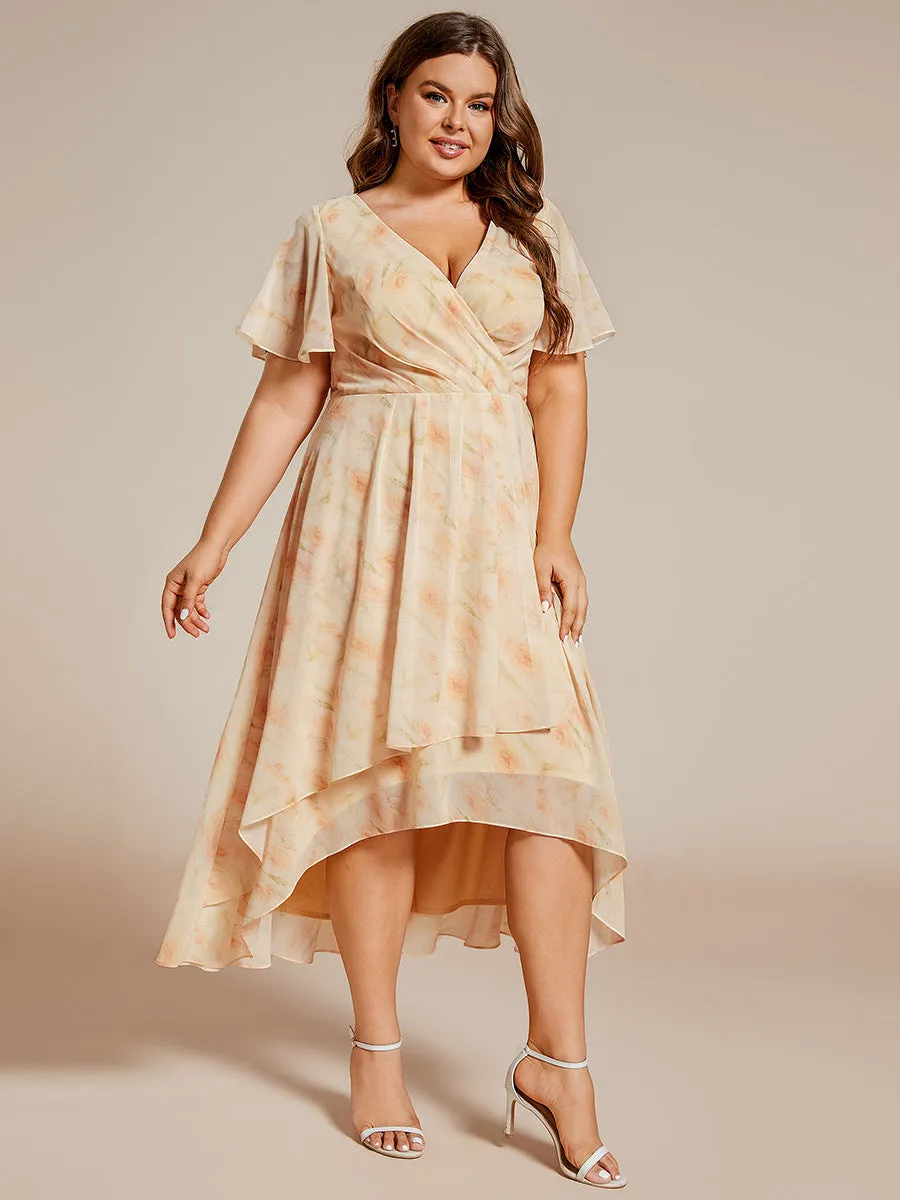 Grande Taille Robe Dinvit De Mariage Mi-Longue Plisse En Mousseline De Soie Manches Courtes Et Col En V De