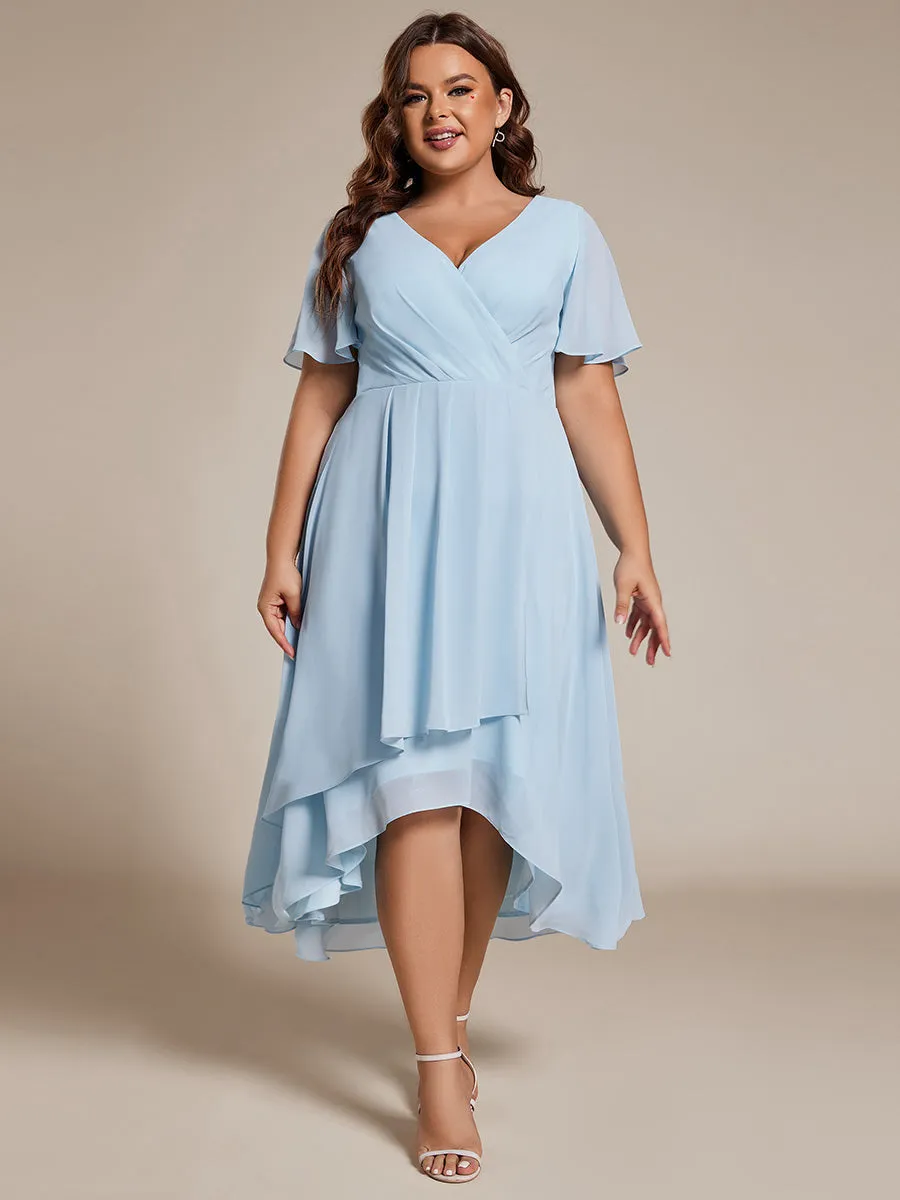 Grande Taille Robe Dinvit De Mariage Mi-Longue Plisse En Mousseline De Soie Manches Courtes Et Col En V De