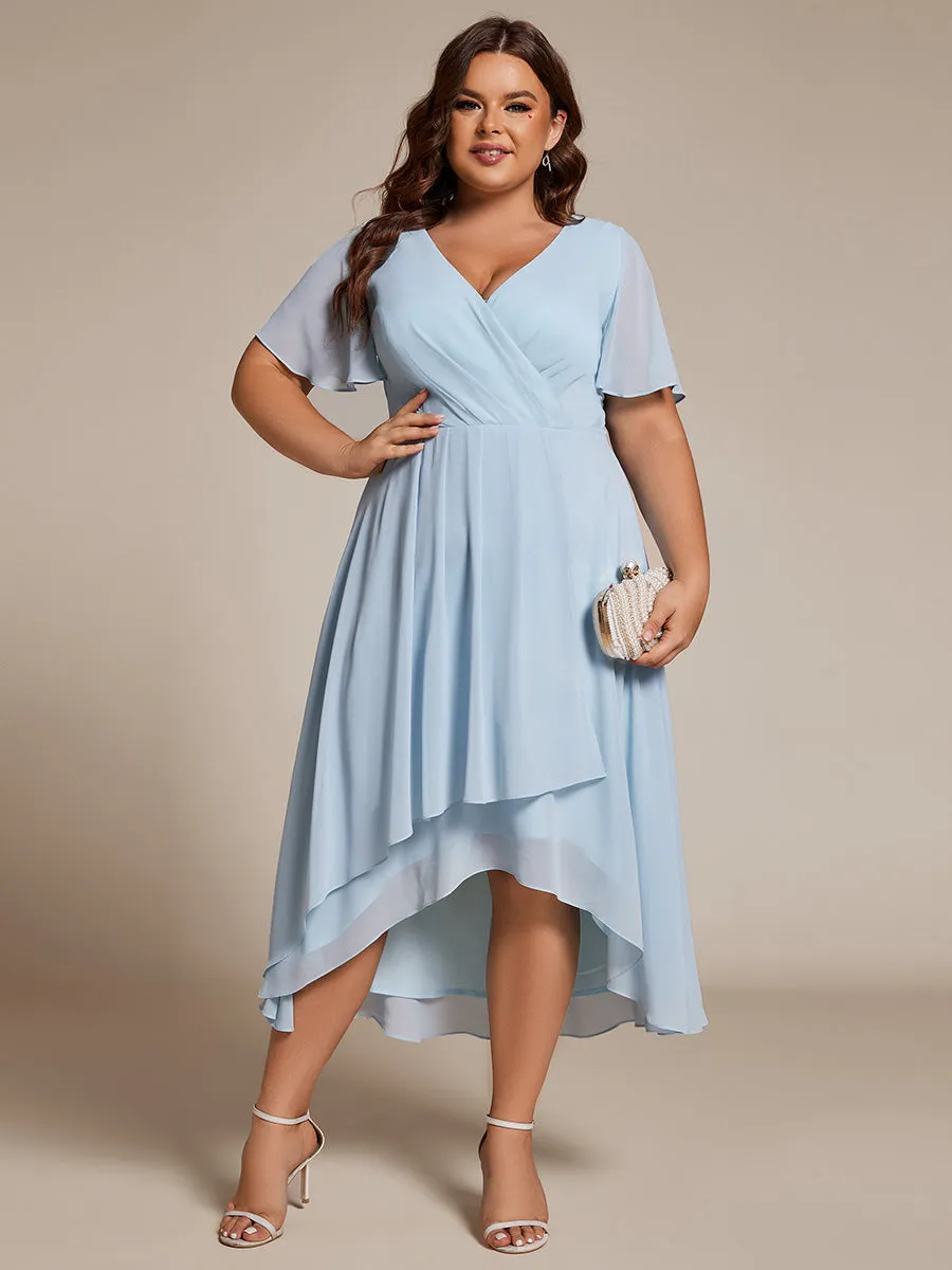 Grande Taille Robe Dinvit De Mariage Mi-Longue Plisse En Mousseline De Soie Manches Courtes Et Col En V De