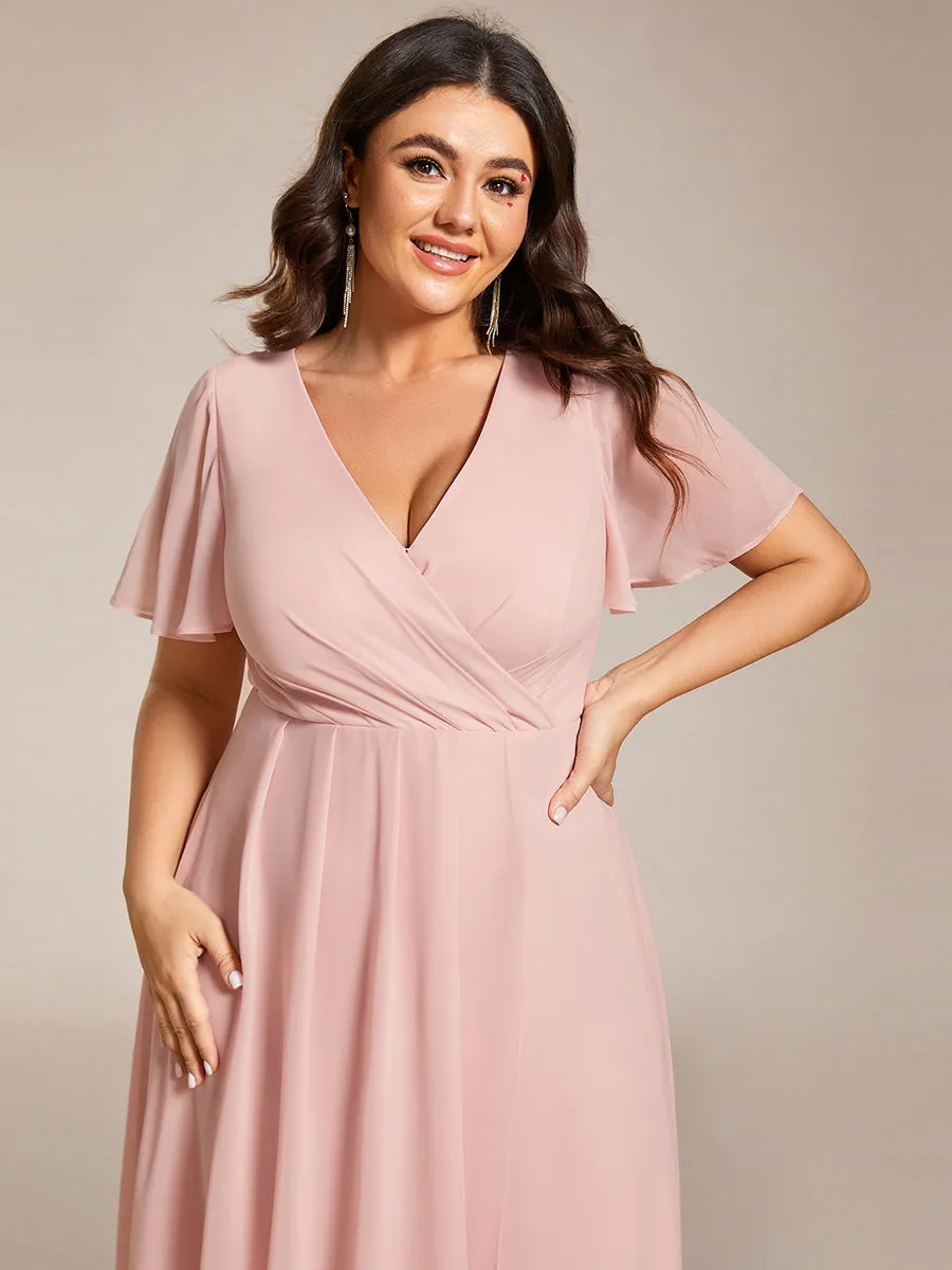 Grande Taille Robe Dinvit De Mariage Mi-Longue Plisse En Mousseline De Soie Manches Courtes Et Col En V De