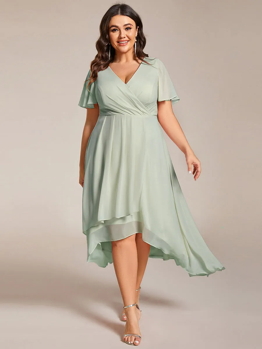 Grande Taille Robe Dinvit De Mariage Mi-Longue Plisse En Mousseline De Soie Manches Courtes Et Col En V De