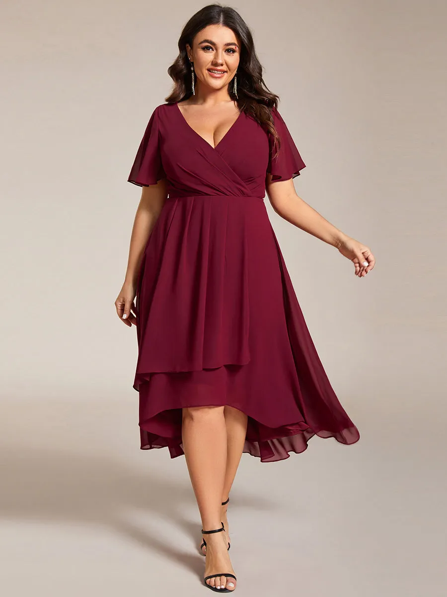 Grande Taille Robe Dinvit De Mariage Mi-Longue Plisse En Mousseline De Soie Manches Courtes Et Col En V De