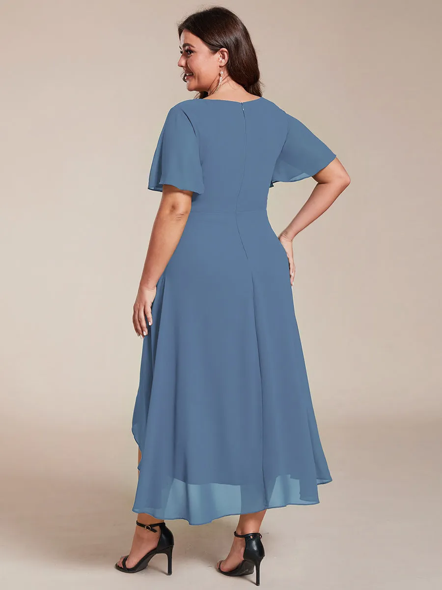 Grande Taille Robe Dinvit De Mariage Mi-Longue Plisse En Mousseline De Soie Manches Courtes Et Col En V De