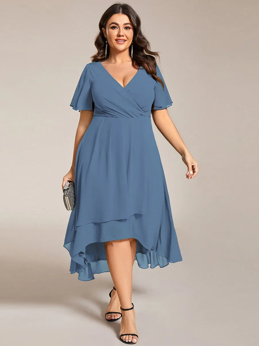 Grande Taille Robe Dinvit De Mariage Mi-Longue Plisse En Mousseline De Soie Manches Courtes Et Col En V De