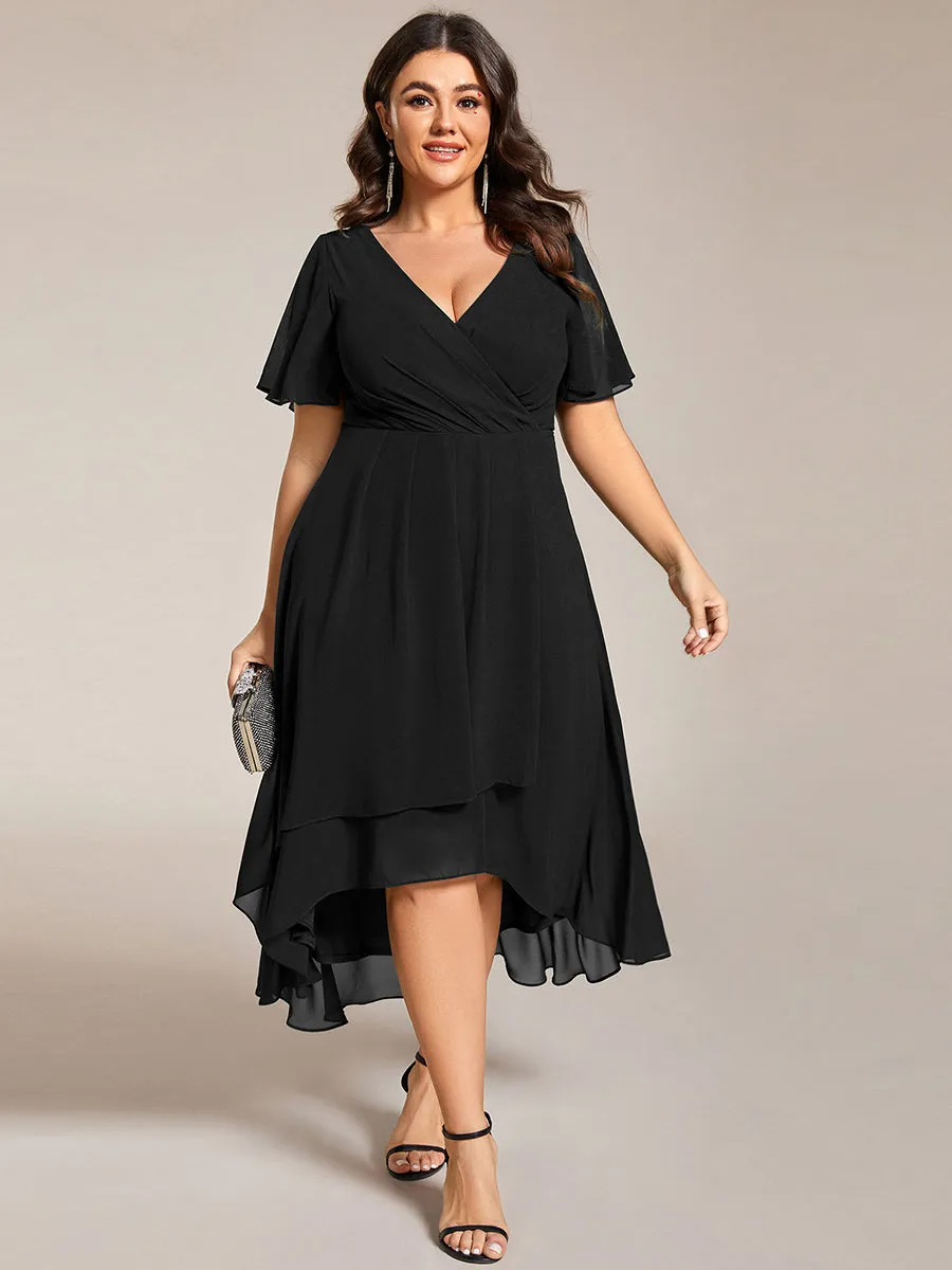 Grande Taille Robe Dinvit De Mariage Mi-Longue Plisse En Mousseline De Soie Manches Courtes Et Col En V De