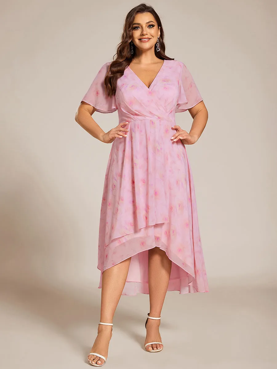 Grande Taille Robe Dinvit De Mariage Mi-Longue Plisse En Mousseline De Soie Manches Courtes Et Col En V De