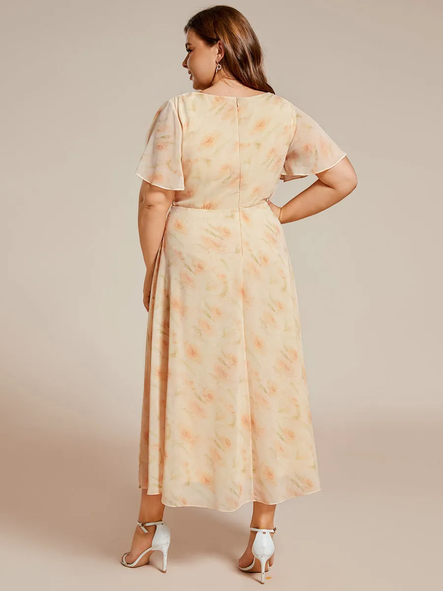 Grande Taille Robe Dinvit De Mariage Mi-Longue Plisse En Mousseline De Soie Manches Courtes Et Col En V De