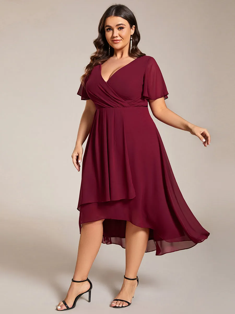 Grande Taille Robe Dinvit De Mariage Mi-Longue Plisse En Mousseline De Soie Manches Courtes Et Col En V De