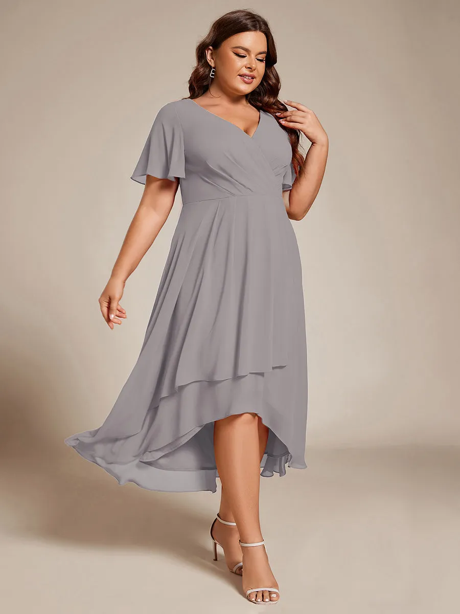 Grande Taille Robe Dinvit De Mariage Mi-Longue Plisse En Mousseline De Soie Manches Courtes Et Col En V De