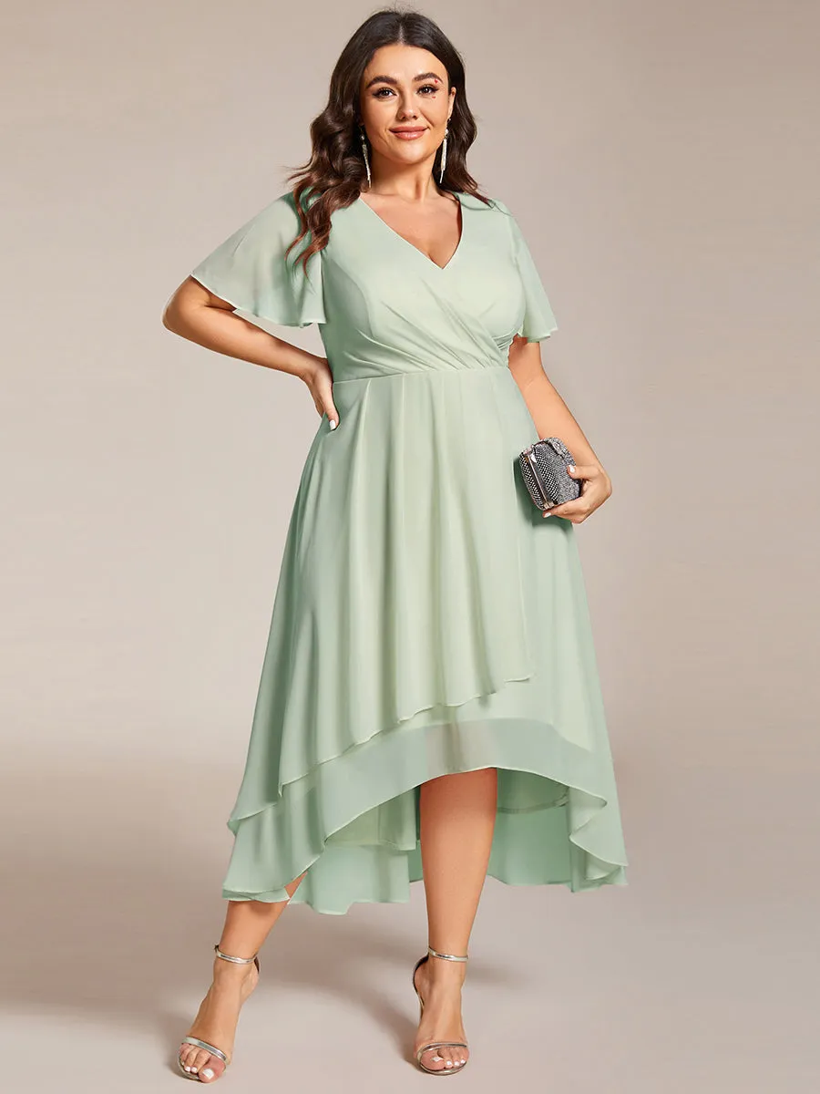 Grande Taille Robe Dinvit De Mariage Mi-Longue Plisse En Mousseline De Soie Manches Courtes Et Col En V De