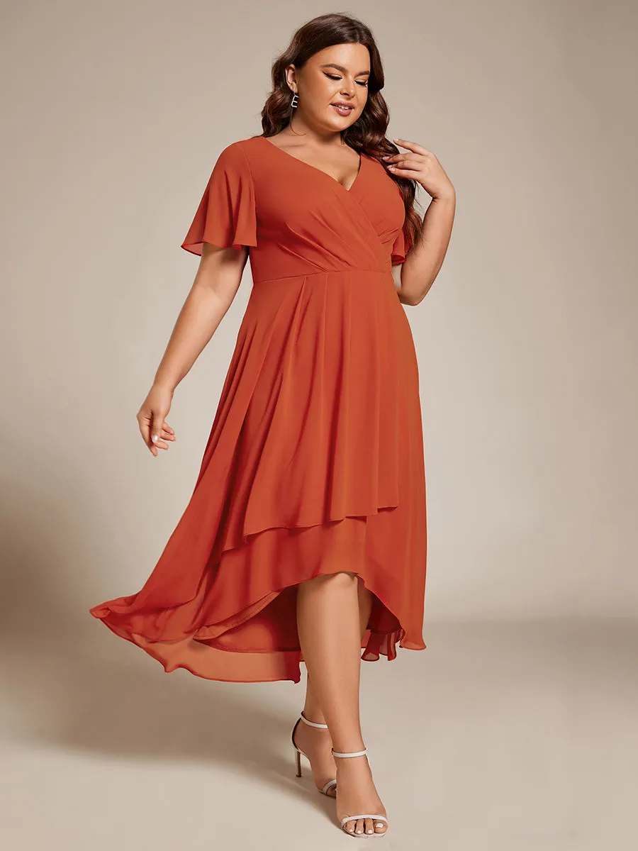 Grande Taille Robe Dinvit De Mariage Mi-Longue Plisse En Mousseline De Soie Manches Courtes Et Col En V De