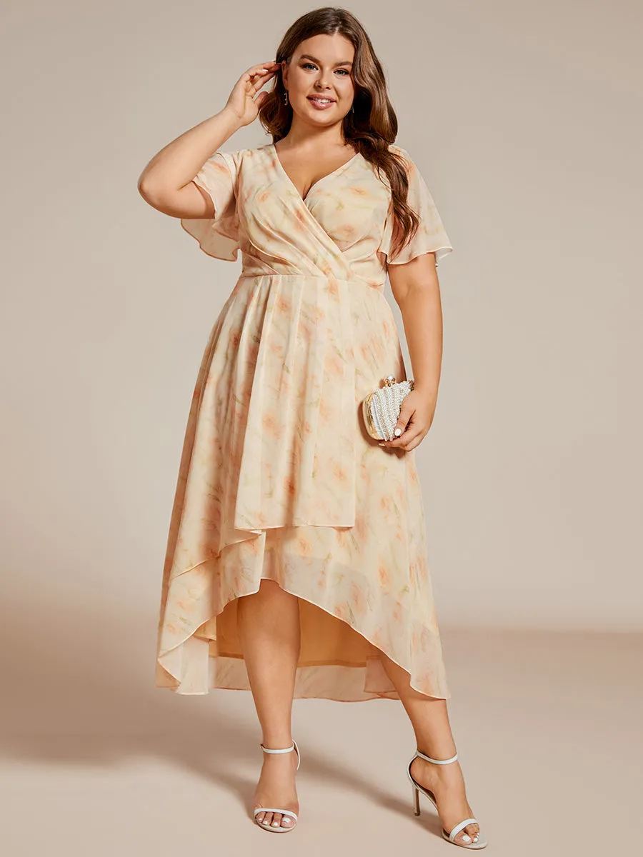 Grande Taille Robe Dinvit De Mariage Mi-Longue Plisse En Mousseline De Soie Manches Courtes Et Col En V De