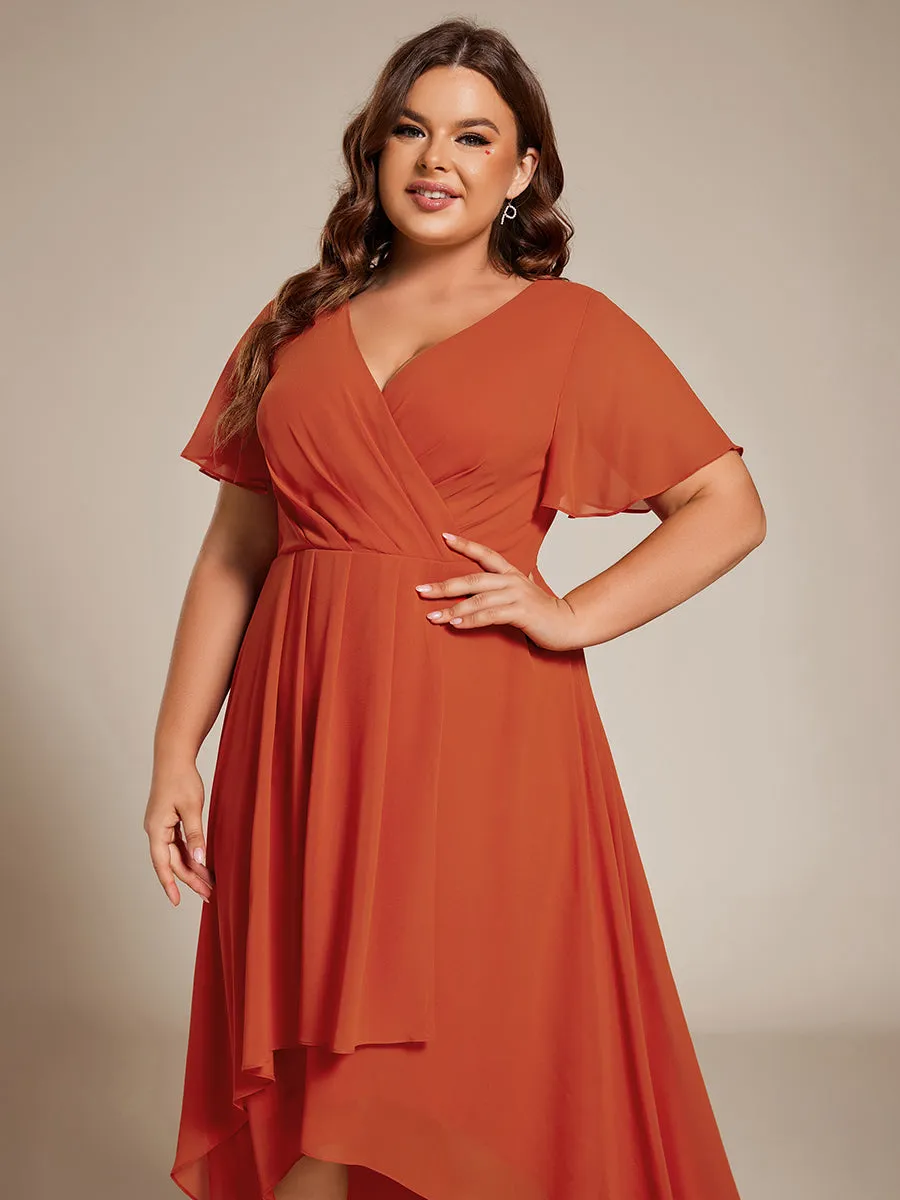 Grande Taille Robe Dinvit De Mariage Mi-Longue Plisse En Mousseline De Soie Manches Courtes Et Col En V De