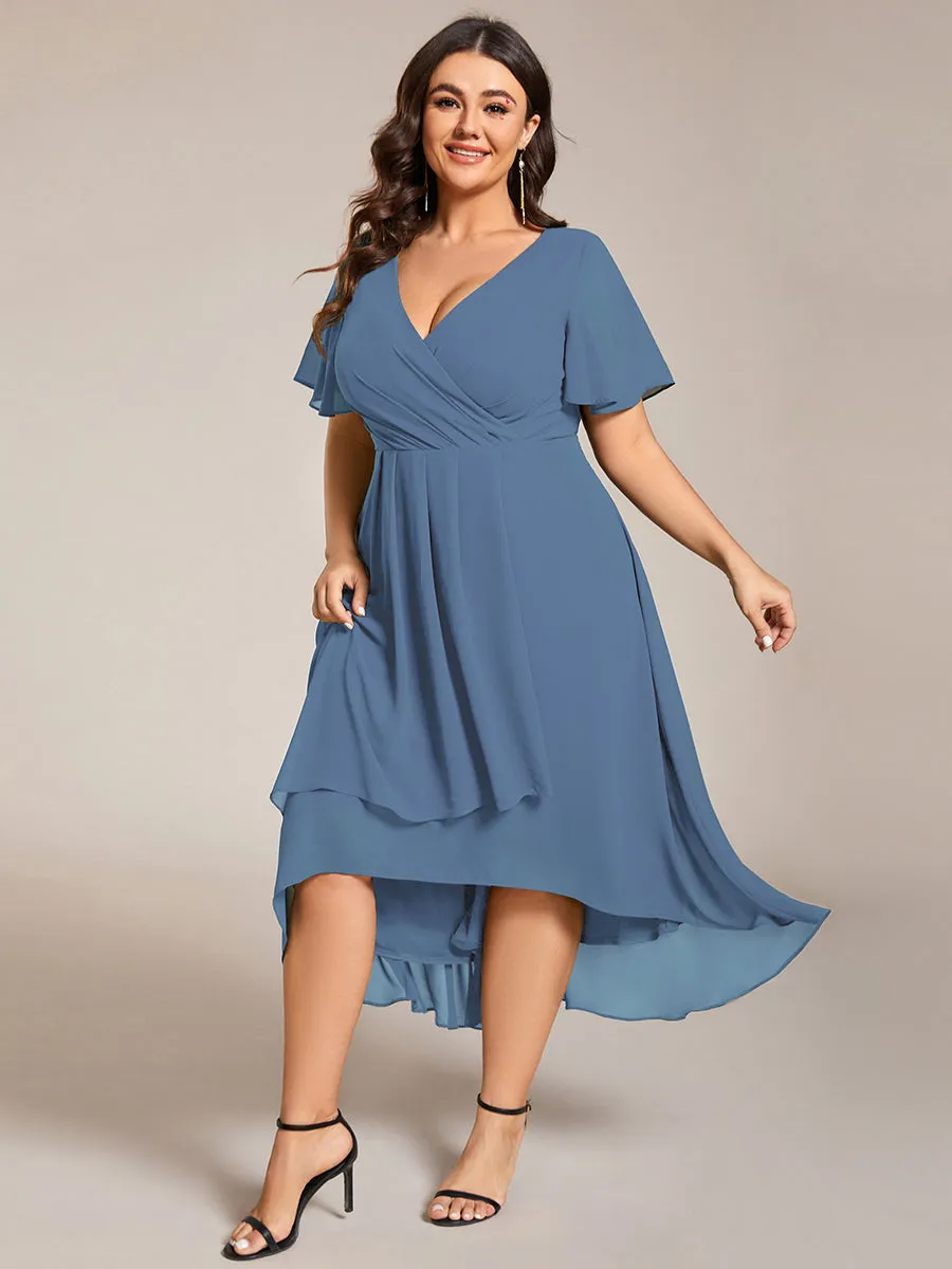 Grande Taille Robe Dinvit De Mariage Mi-Longue Plisse En Mousseline De Soie Manches Courtes Et Col En V De