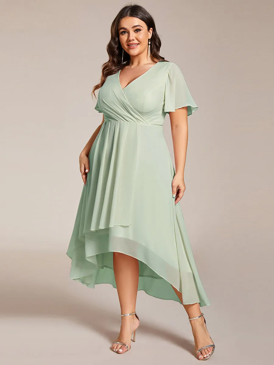 Grande Taille Robe Dinvit De Mariage Mi-Longue Plisse En Mousseline De Soie Manches Courtes Et Col En V De