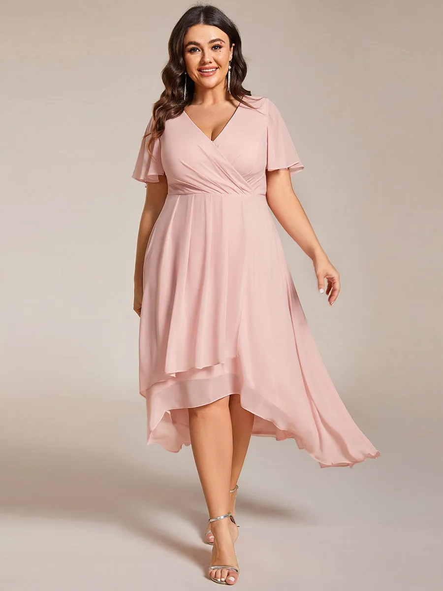 Grande Taille Robe Dinvit De Mariage Mi-Longue Plisse En Mousseline De Soie Manches Courtes Et Col En V De