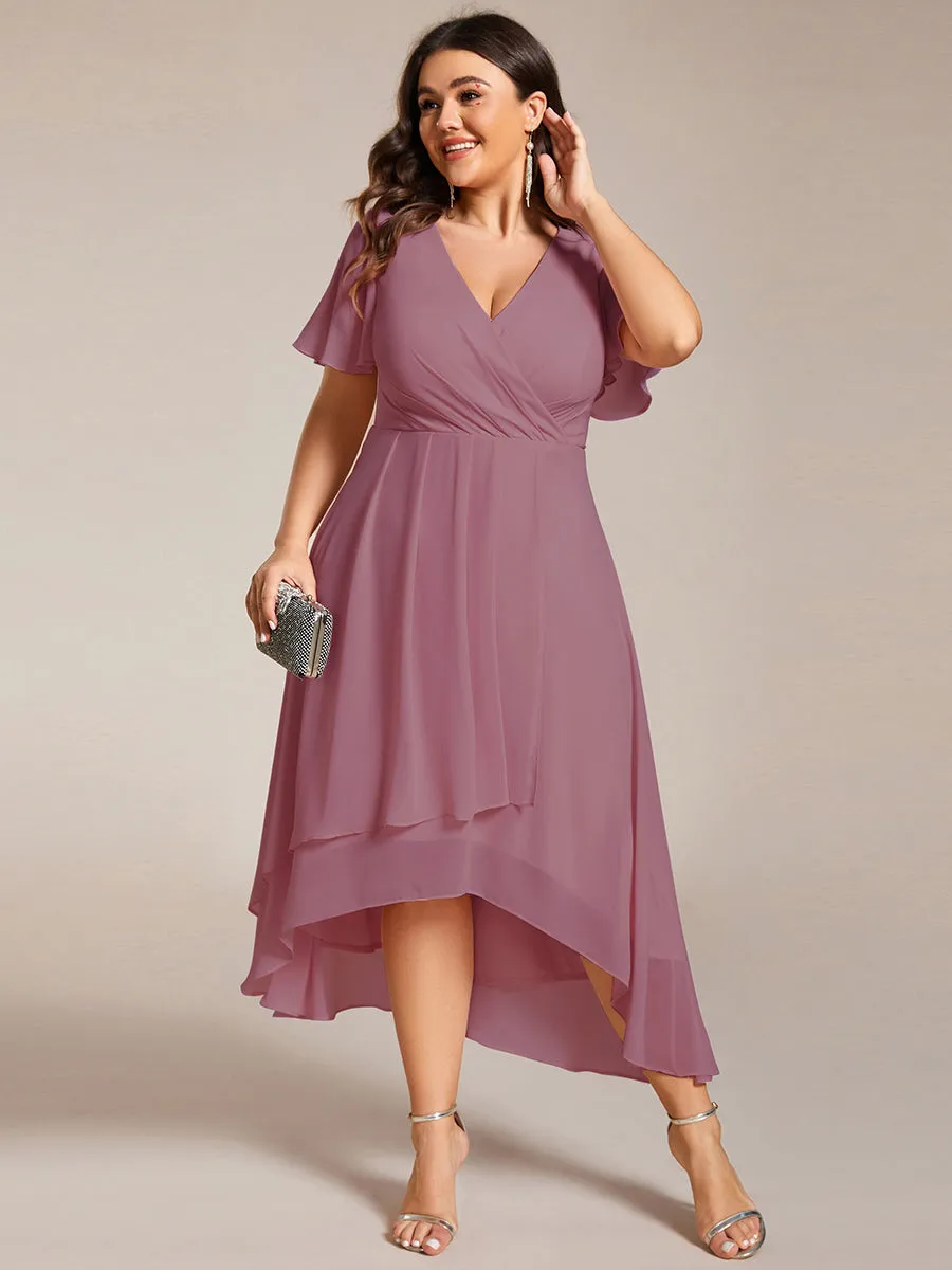 Grande Taille Robe Dinvit De Mariage Mi-Longue Plisse En Mousseline De Soie Manches Courtes Et Col En V De