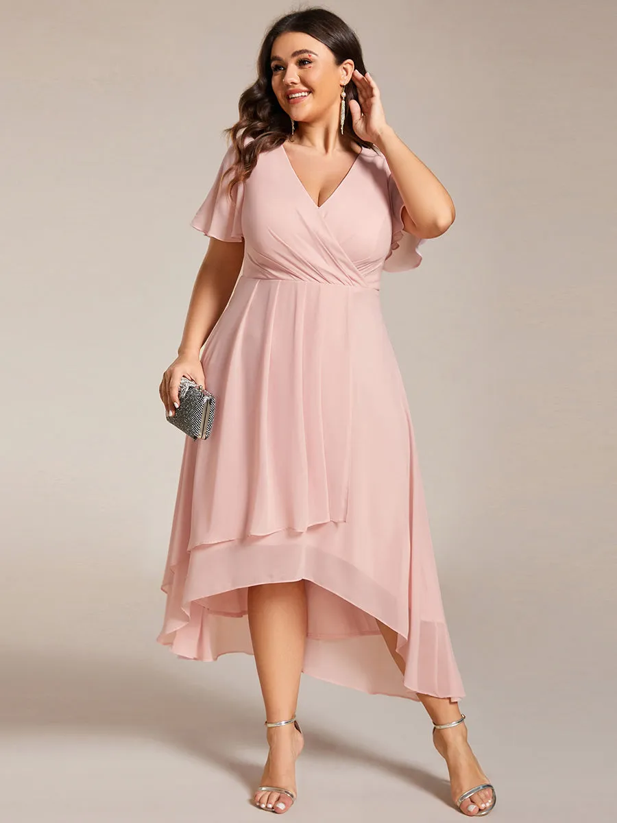 Grande Taille Robe Dinvit De Mariage Mi-Longue Plisse En Mousseline De Soie Manches Courtes Et Col En V De