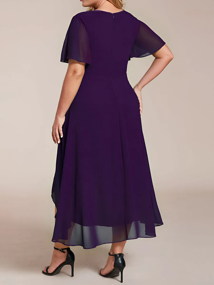 Grande Taille Robe Dinvit De Mariage Mi-Longue Plisse En Mousseline De Soie Manches Courtes Et Col En V De