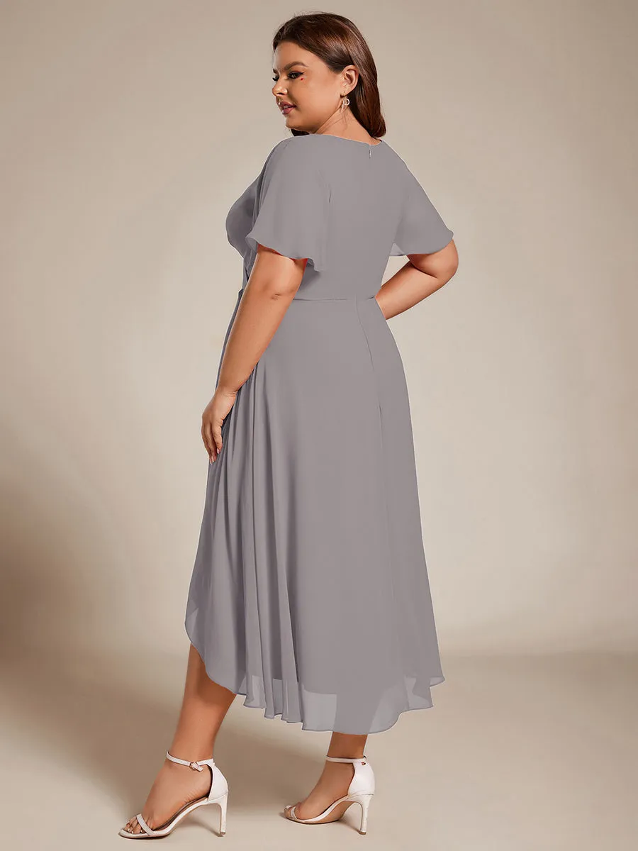 Grande Taille Robe Dinvit De Mariage Mi-Longue Plisse En Mousseline De Soie Manches Courtes Et Col En V De